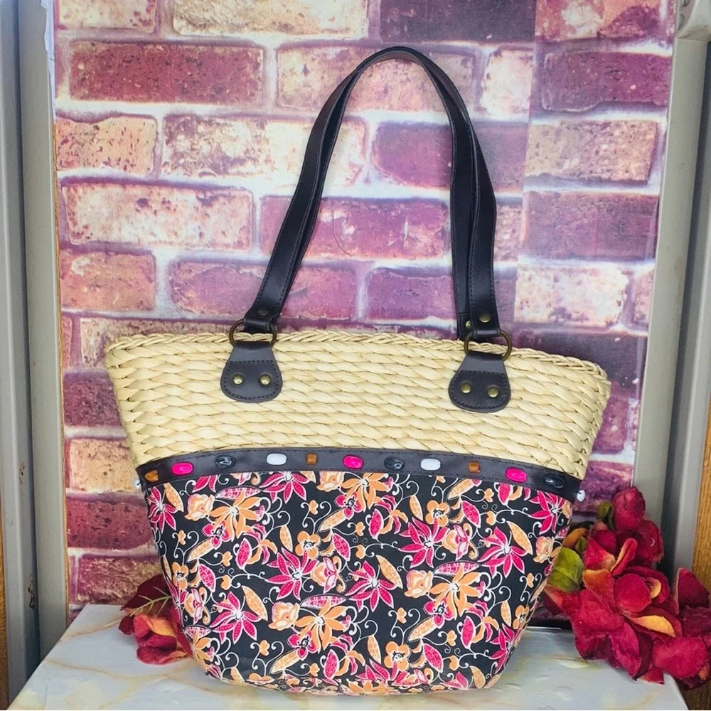 Woven Rattan and Canvas Beaded Floral Market Tote